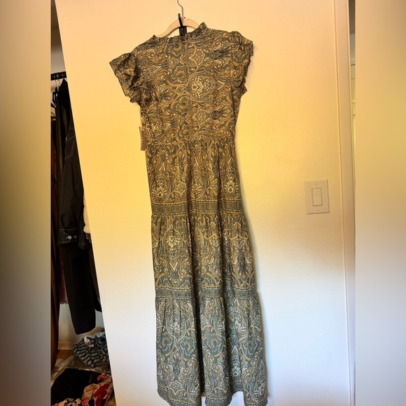NEW Boemo Anthropologie Paisley Green Ruffle Maxi Dress Tiered Medium NWT - Picture 3 of 7